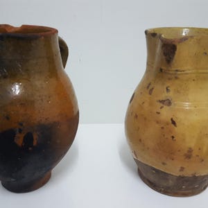 Set of 2 Antique Castilian Pottery Pieces • Fire‑Cooking Clay Pot & Rustic Wine Jug • Extinct Folk Potteries of Spain