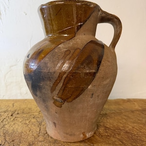 Panela de cozinha espanhola antiga, panela de barro de Toledo, cerâmica folclórica primitiva, decoração rústica de cozinha, por volta de 1920.