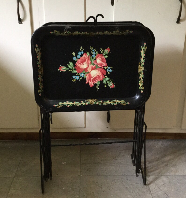 Vintage TV Trays With Iron Legs and Stand Tole Painted TV Etsy