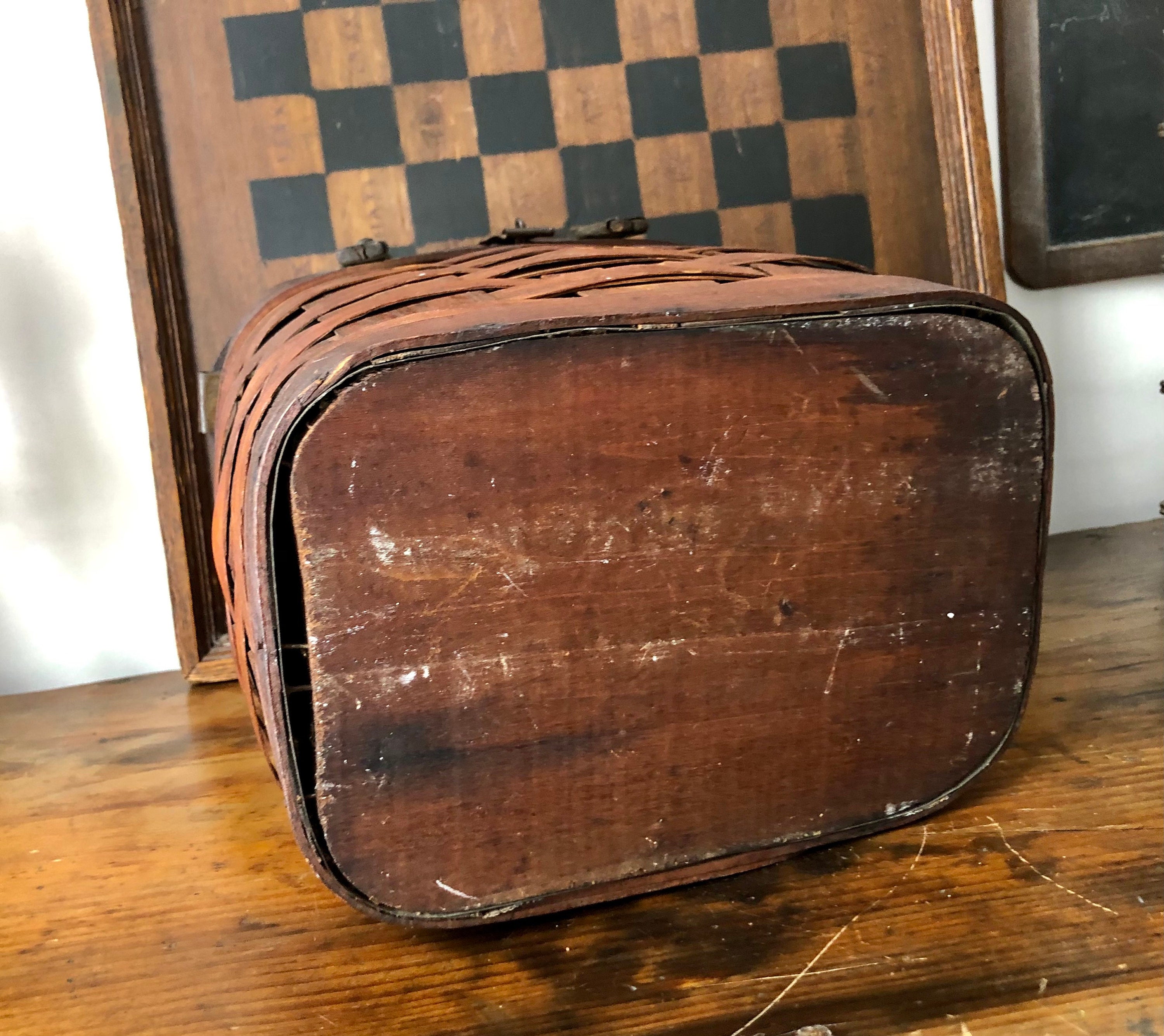 Home & Living Baskets Antique Zinc Lined Woven Wood Lunch Basket,Primitive Lunch Basket Storage