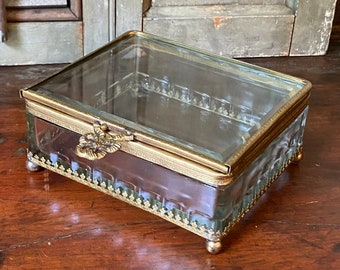 Antique Brass And Heavy Glass Jewelry Casket,Sliding Top,Beveled Glass