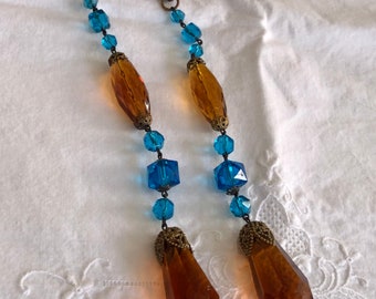 Antique Amber & Teal Glass Prism Beads: Brass Filigree Jewelry Supplies
