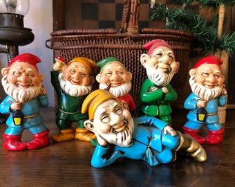 Set of Six Vintage Hand Painted Plaster Gnomes