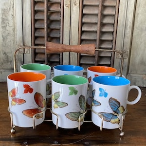 Set of Six Butterfly Coffee Mugs by Arnart Creations with Metal Carrier,Mid Century