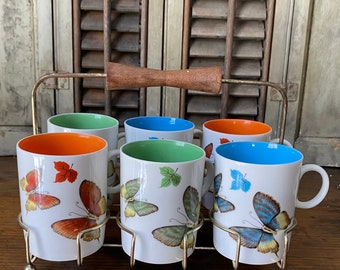 Set of Six Butterfly Coffee Mugs by Arnart Creations with Metal Carrier,Mid Century