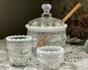 Antique Fenton Blinking Eye Honey Pot Set,Toothpick Holder, Salt Cellar,Opalescent,Collectible Glassware