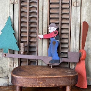 Vintage Whirligig Top Portion,Folk Art Yard,Garden Decor,Man Chopping Wood