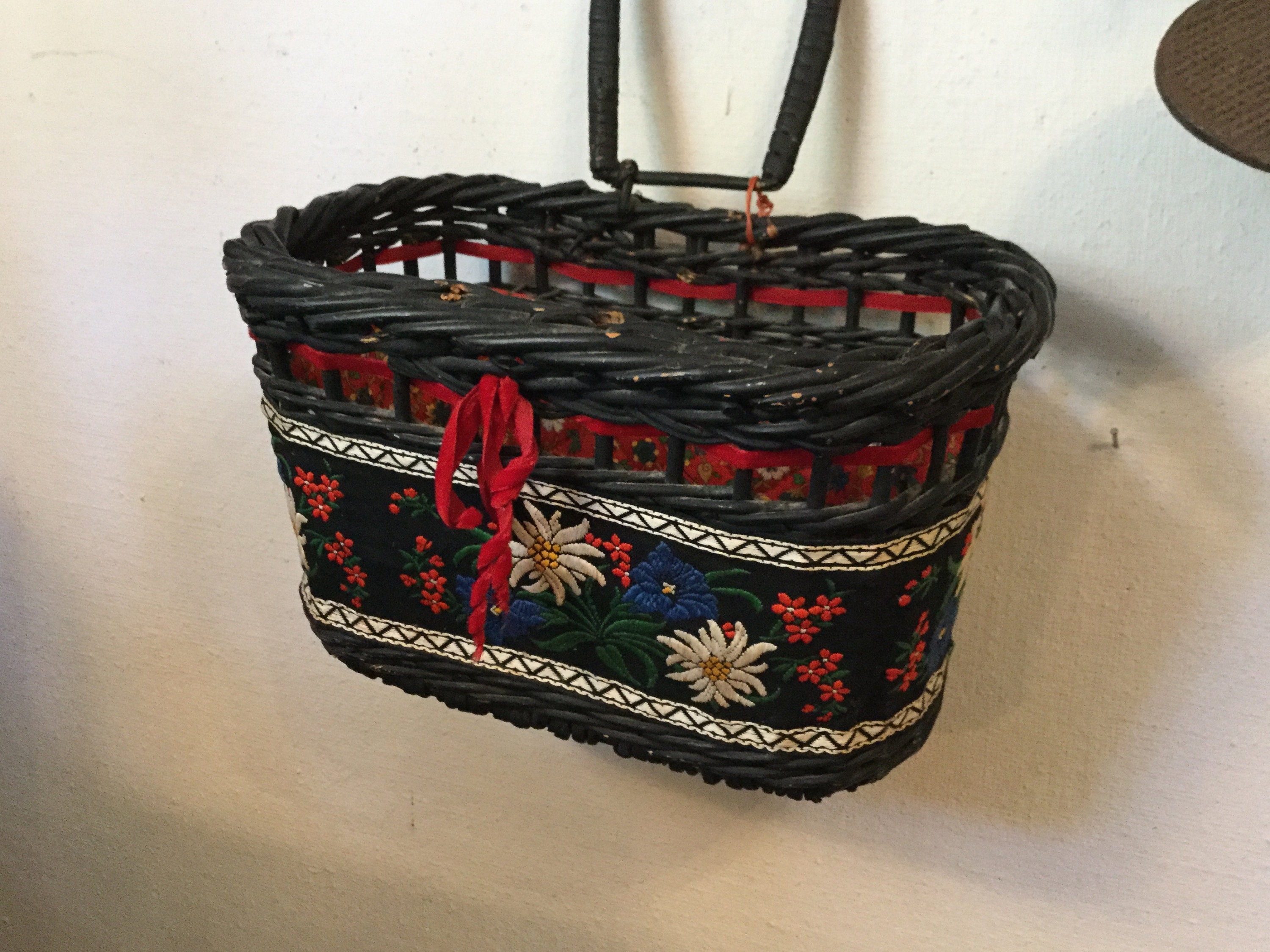 Vintage Wicker Hanging Basket with Tapestry Accent Etsy