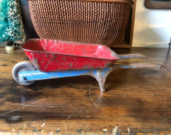 9” Vintage German Metal Toy Wheelbarrow,Rustic Garden Gnome Set