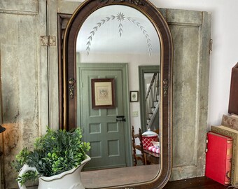 Antique mirror wooden  framed ornate mirror etched flowers