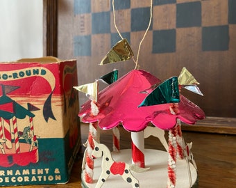 1930’s Delta Novelty Co. Patterson,NJ Foil Carousel Merry-Go-Round Christmas Ornament with Original Box