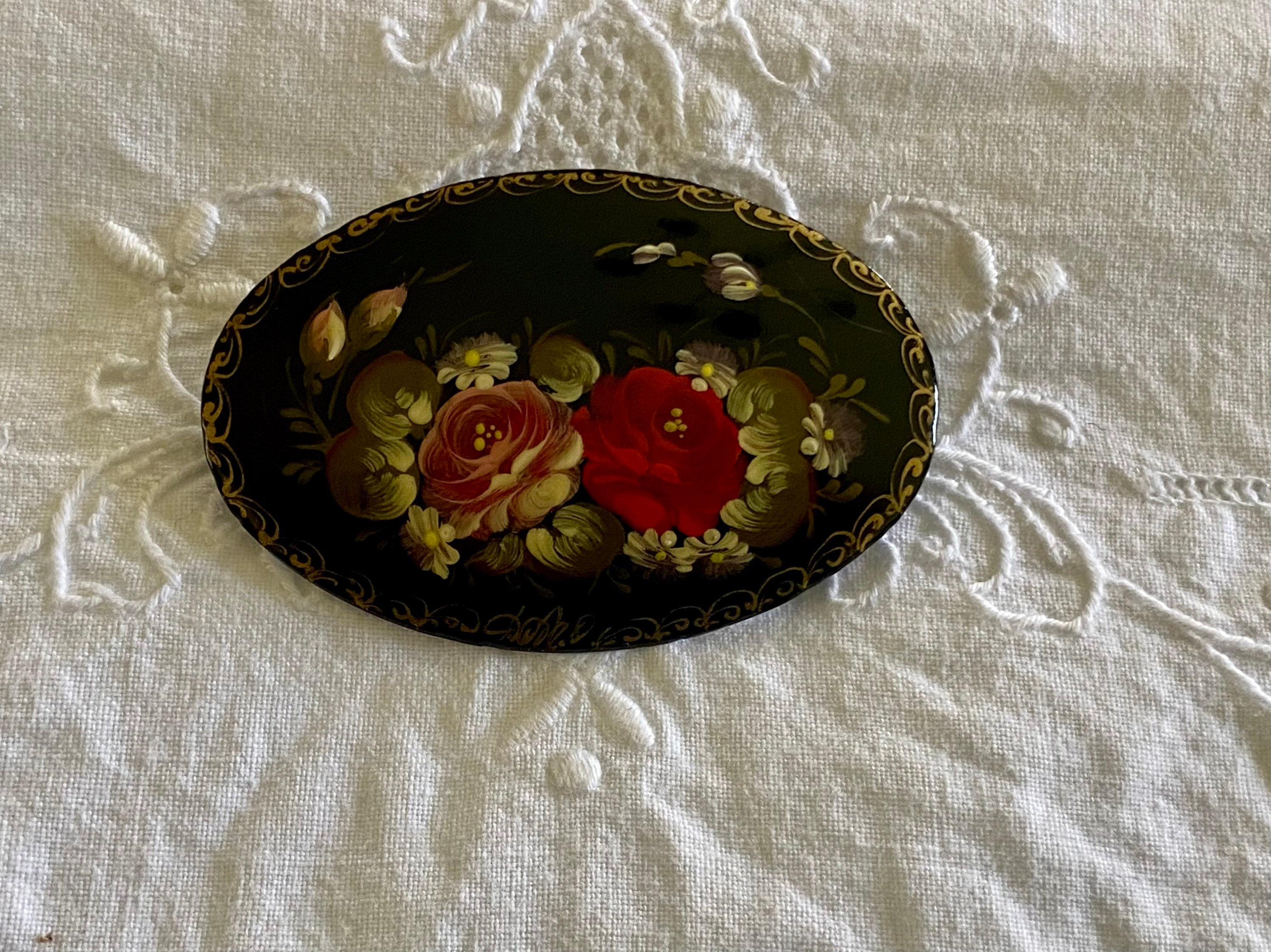 Vintage Hand Painted Floral Brooch, Signed Russian Folk Art - Etsy
