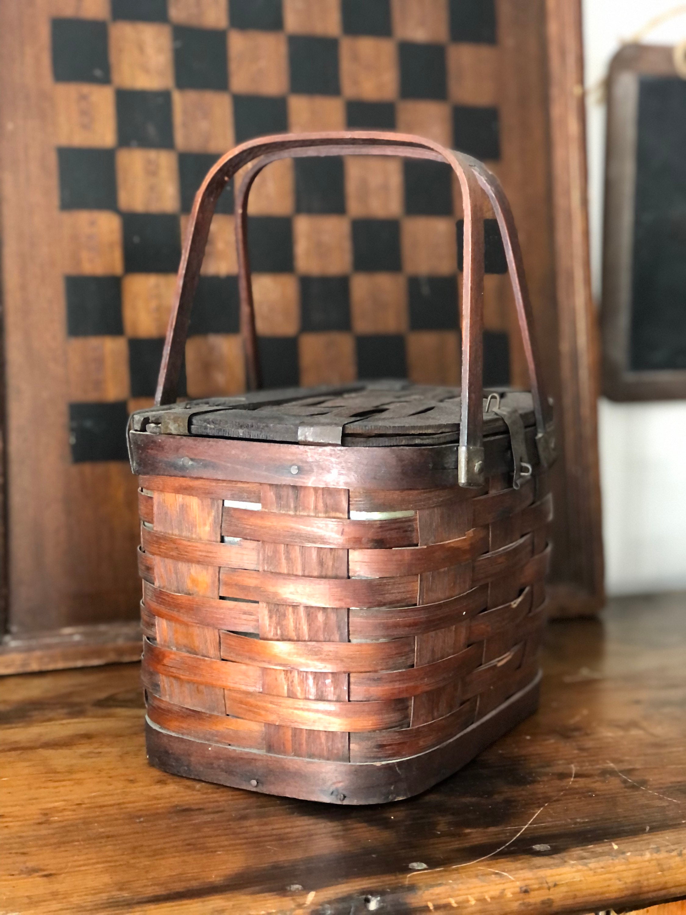 Home & Living Baskets Antique Zinc Lined Woven Wood Lunch Basket
