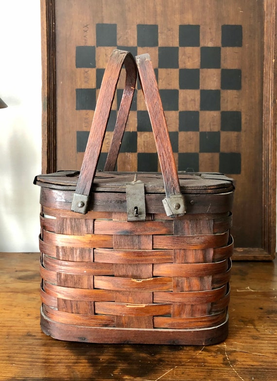 Home & Living Baskets Antique Zinc Lined Woven Wood Lunch Basket,Primitive Lunch Basket Storage