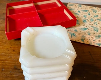 Vintage Boxed Set of Four Small Milk Glass Ashtray’s,Mid Century Hostess Gift,Original Box