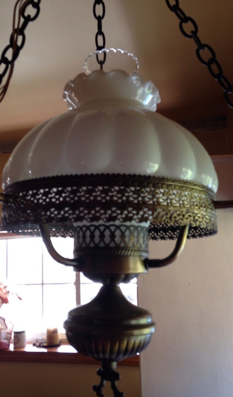 Vintage Brass Hanging Hurricane Lamp With Milk Hlass Shade Etsy