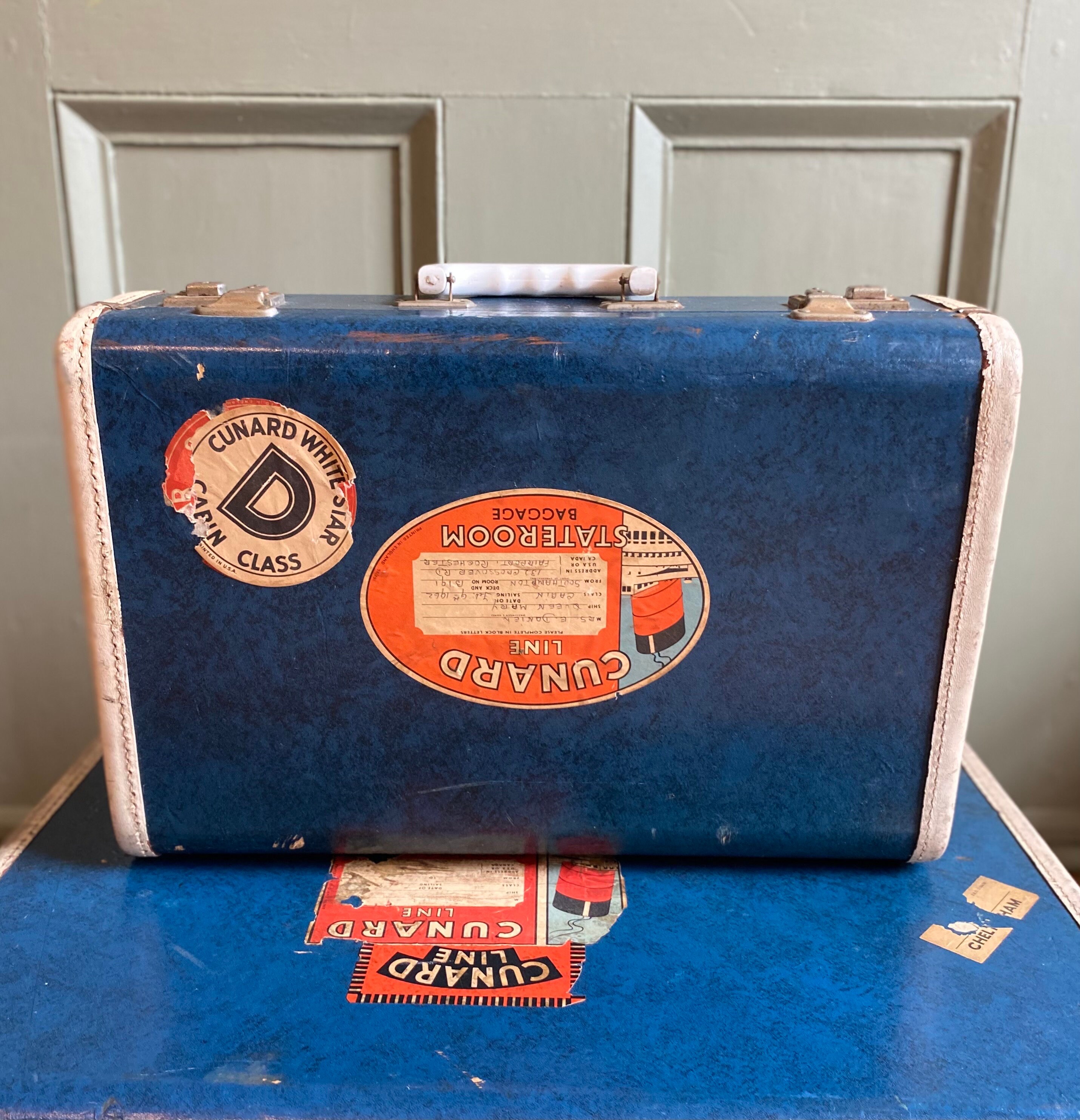Small Vintage Blue Suitcase,1950’s,Queen Mary