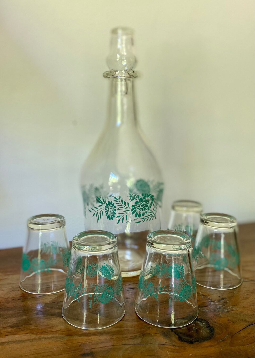 Vintage Clear Glass and Turquoise Cordial Decanter and Glasses,made in