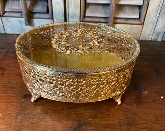 Vintage Ornate Brass and Glass Jewelry Casket,Jewelry Box