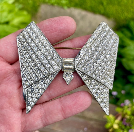 Large Vintage Paste and Rhinestone Bow Pin/Brooch… - image 1