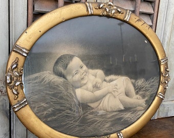 Antique Gold Gesso Framed Sketch of Baby