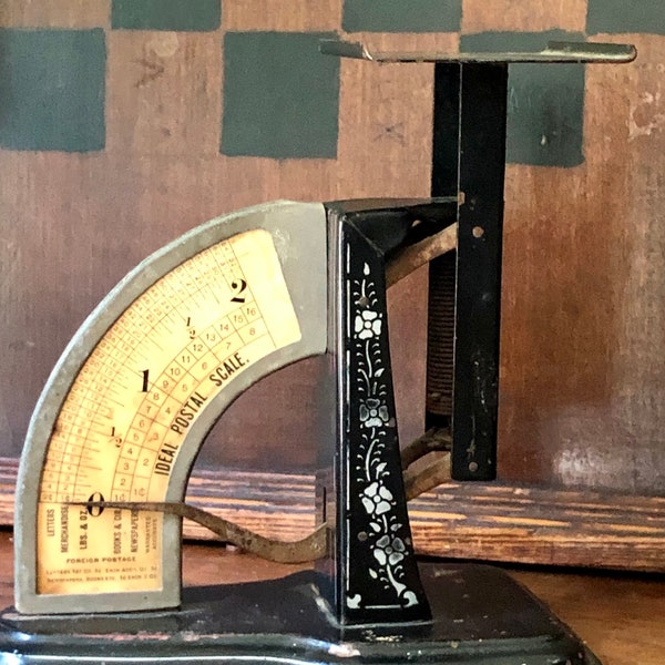 Antique Early 1900s Ideal Postal Scale, Black with White Tole Stencil