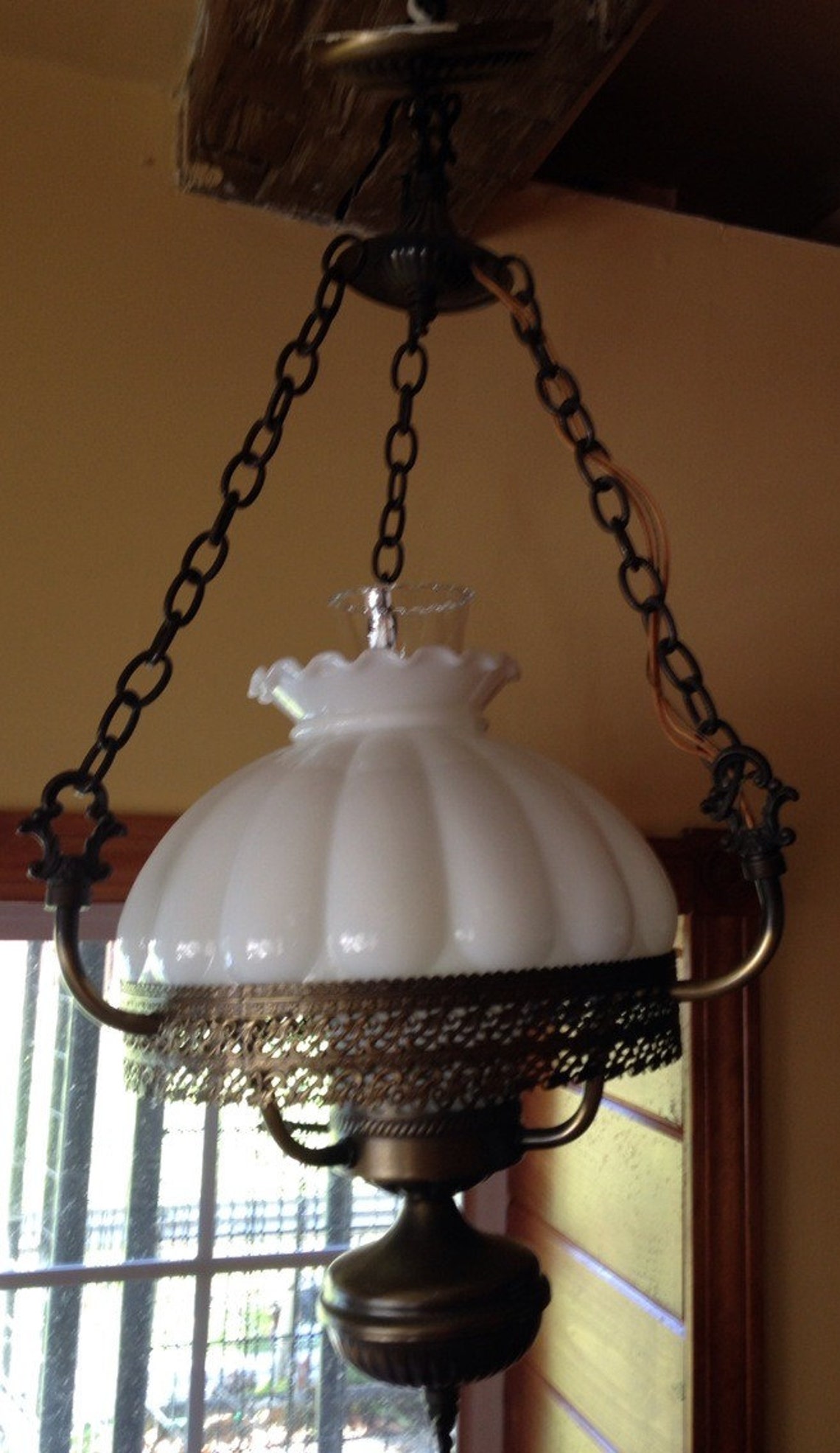 Vintage Brass Hanging Hurricane Lamp With Milk Hlass Shade Etsy