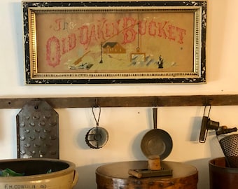 Antique Framed “The Old Oaken Bucket “ Needlepoint on paper,Primitive Home Decor,Wall Decor