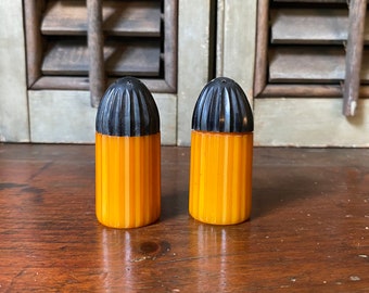 Vintage Black and Butterscotch Bakelite Salt and Pepper Shakers,Tested positive