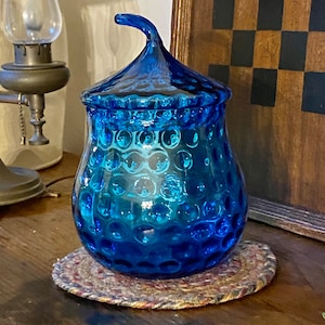 Vintage Empoli Peacock Blue Glass Acorn Shaped Covered Candy Dish,Italian Glass,Collectible Glass