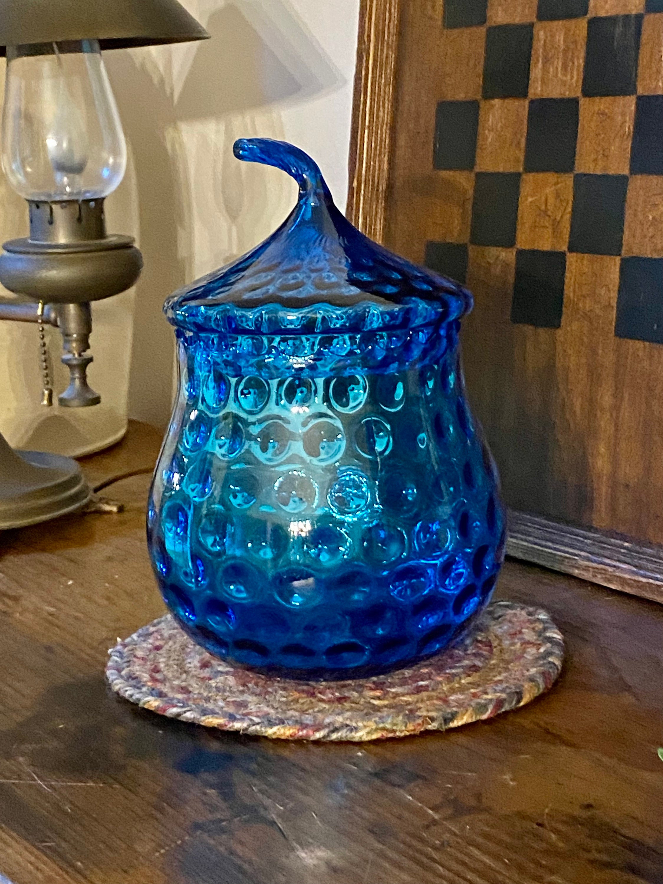 Vintage Empoli Peacock Blue Glass Acorn Candy Dish, Italian