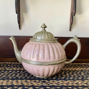 Antique Manning Bowman &Company Brown Relish Enamel and Pewter Teapot