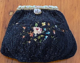 Antique French Floral Embroidered Glass beaded Handbag,Silk