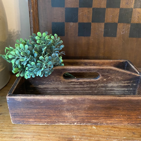 Antique Solid Wood Cutlery Tray,Divided Tray,Handle,Primitive Knife Box