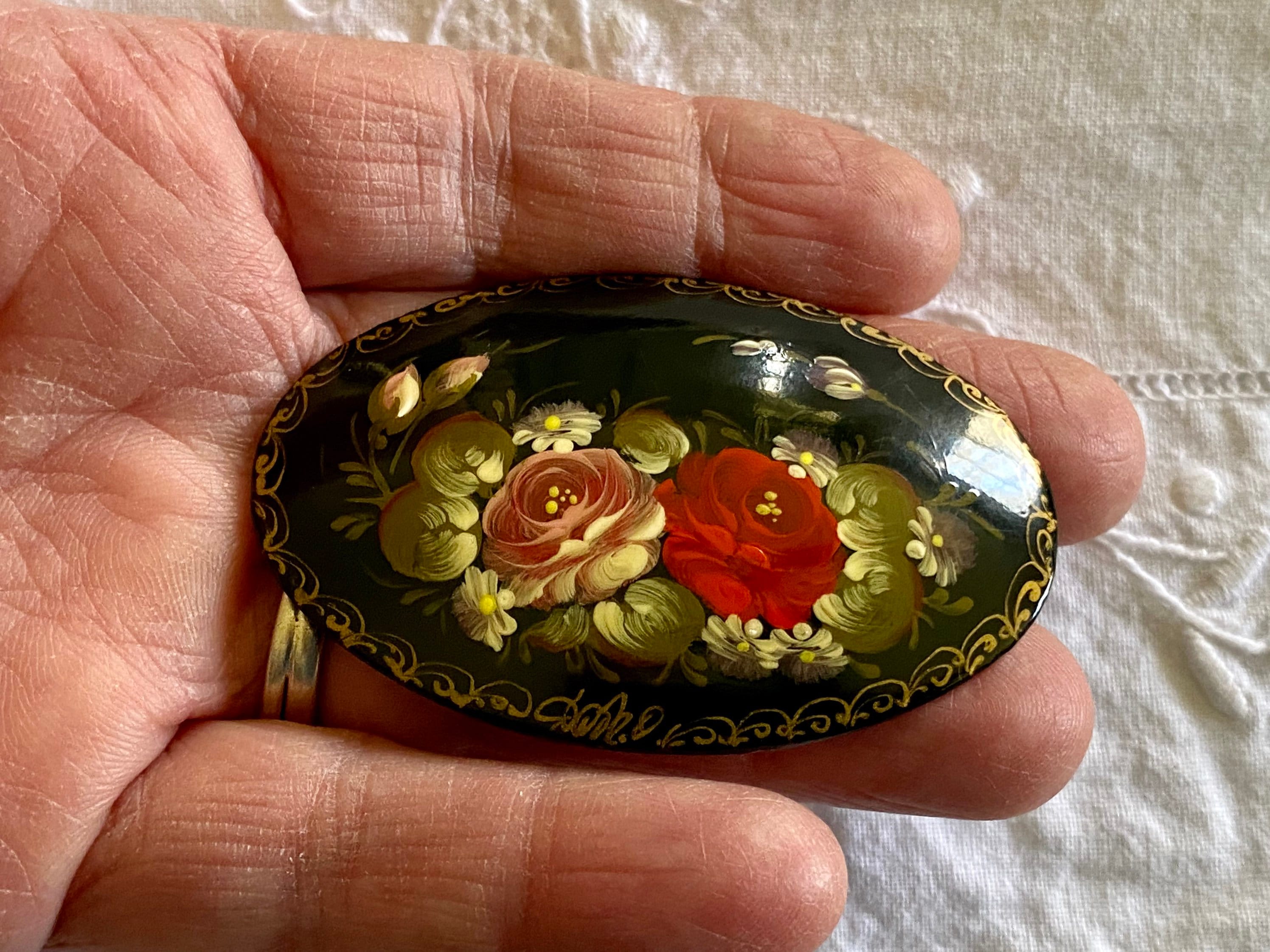 Vintage Hand Painted Floral Brooch, Signed Russian Folk Art - Etsy
