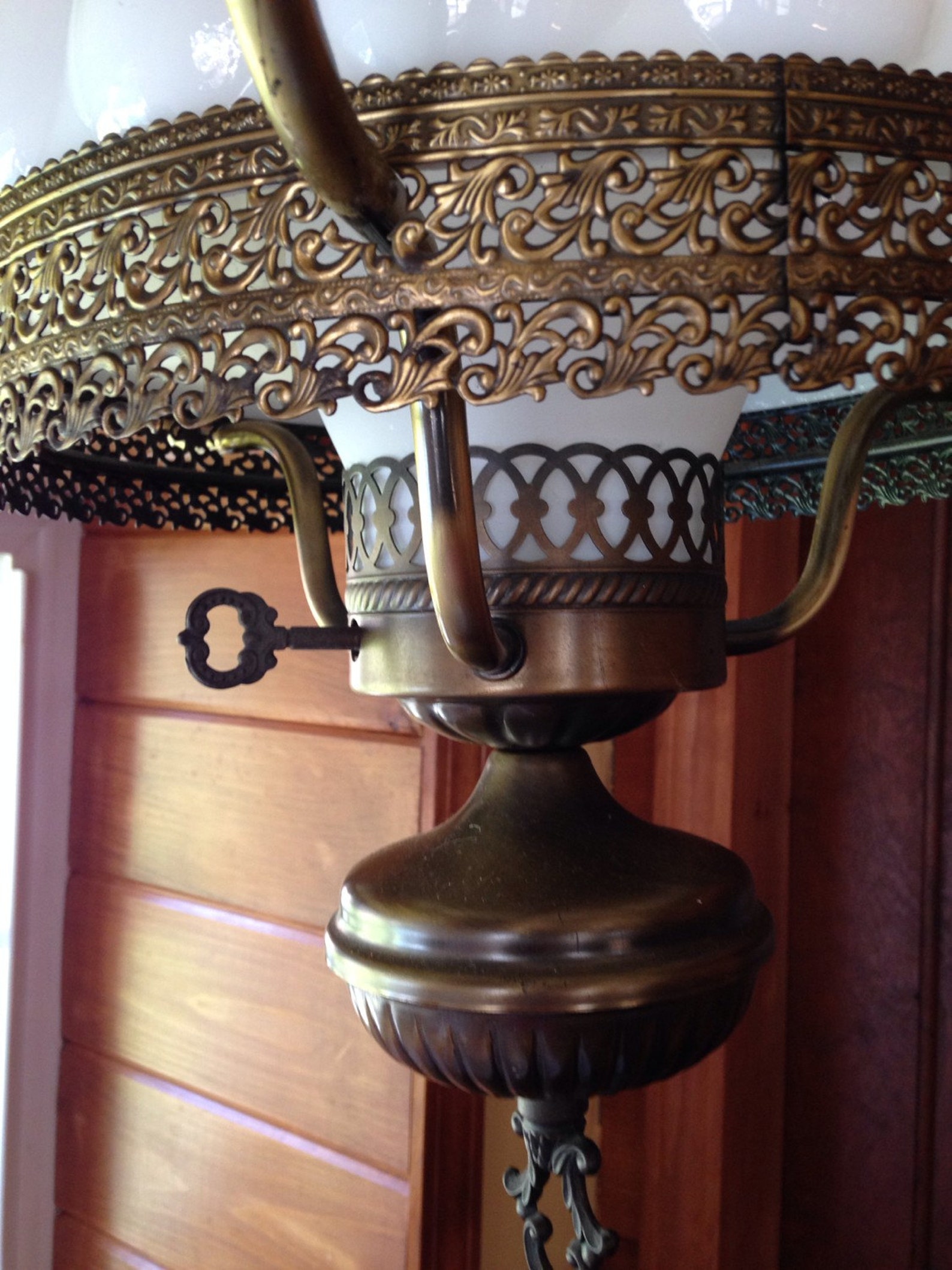 Vintage Brass Hanging Hurricane Lamp With Milk Hlass Shade Etsy