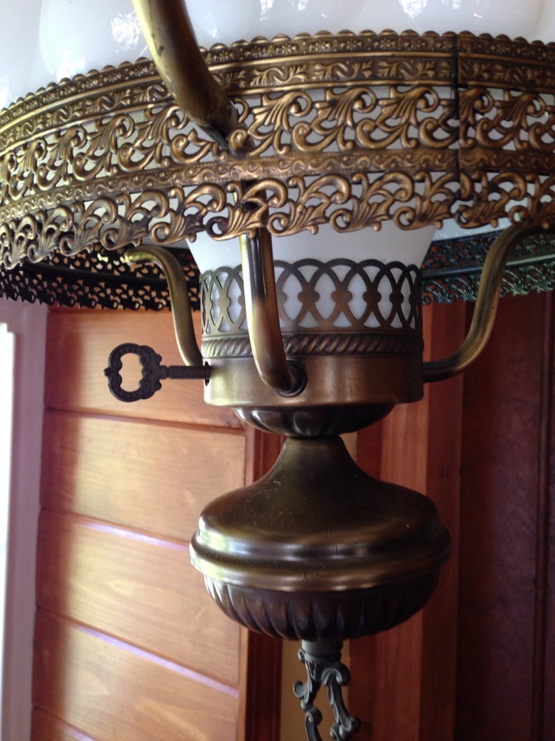 Vintage Brass Hanging Hurricane Lamp With Milk Hlass Shade Etsy