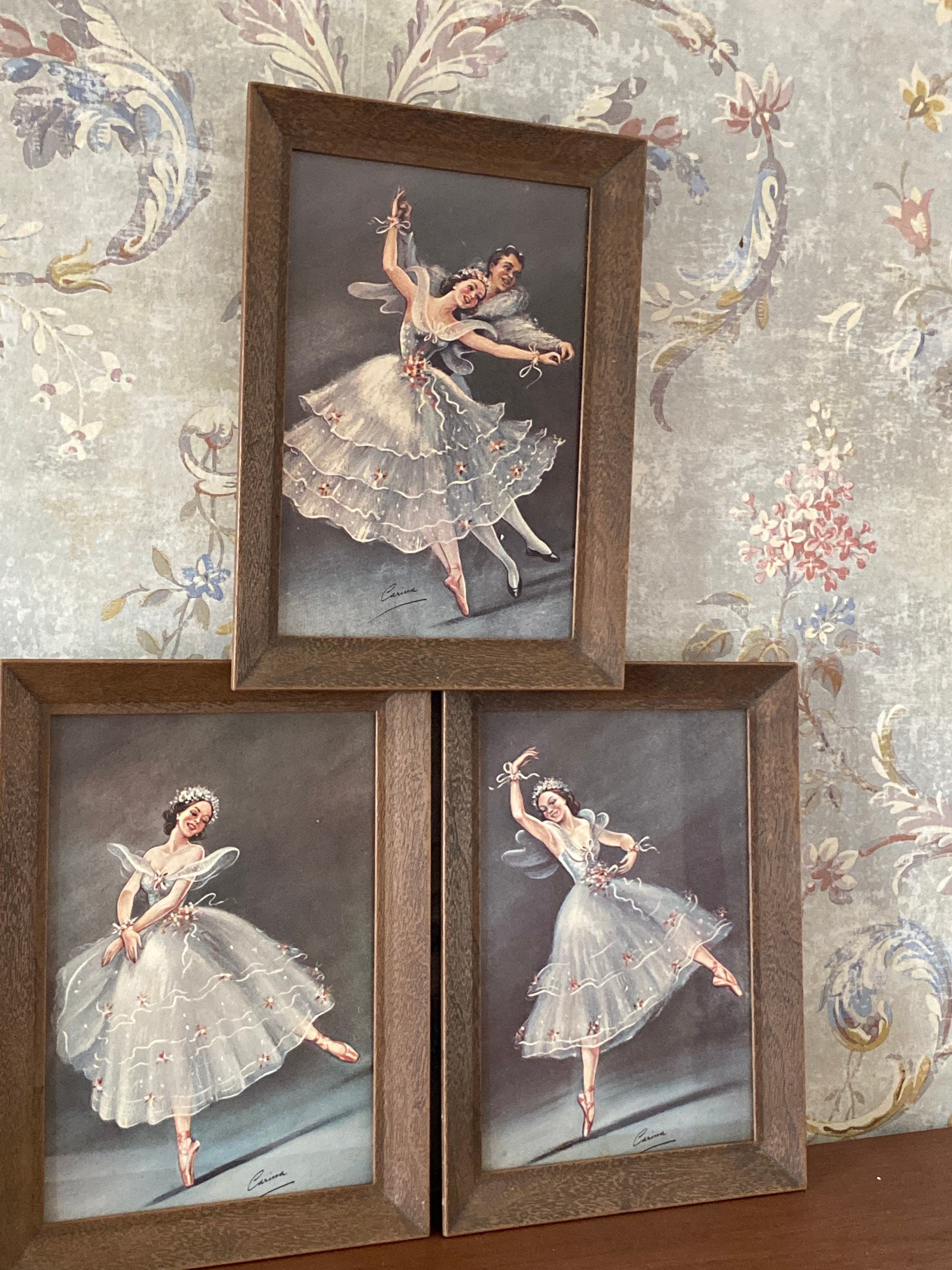 Set of Three Mid Century Framed Ballerina Prints Under Glass