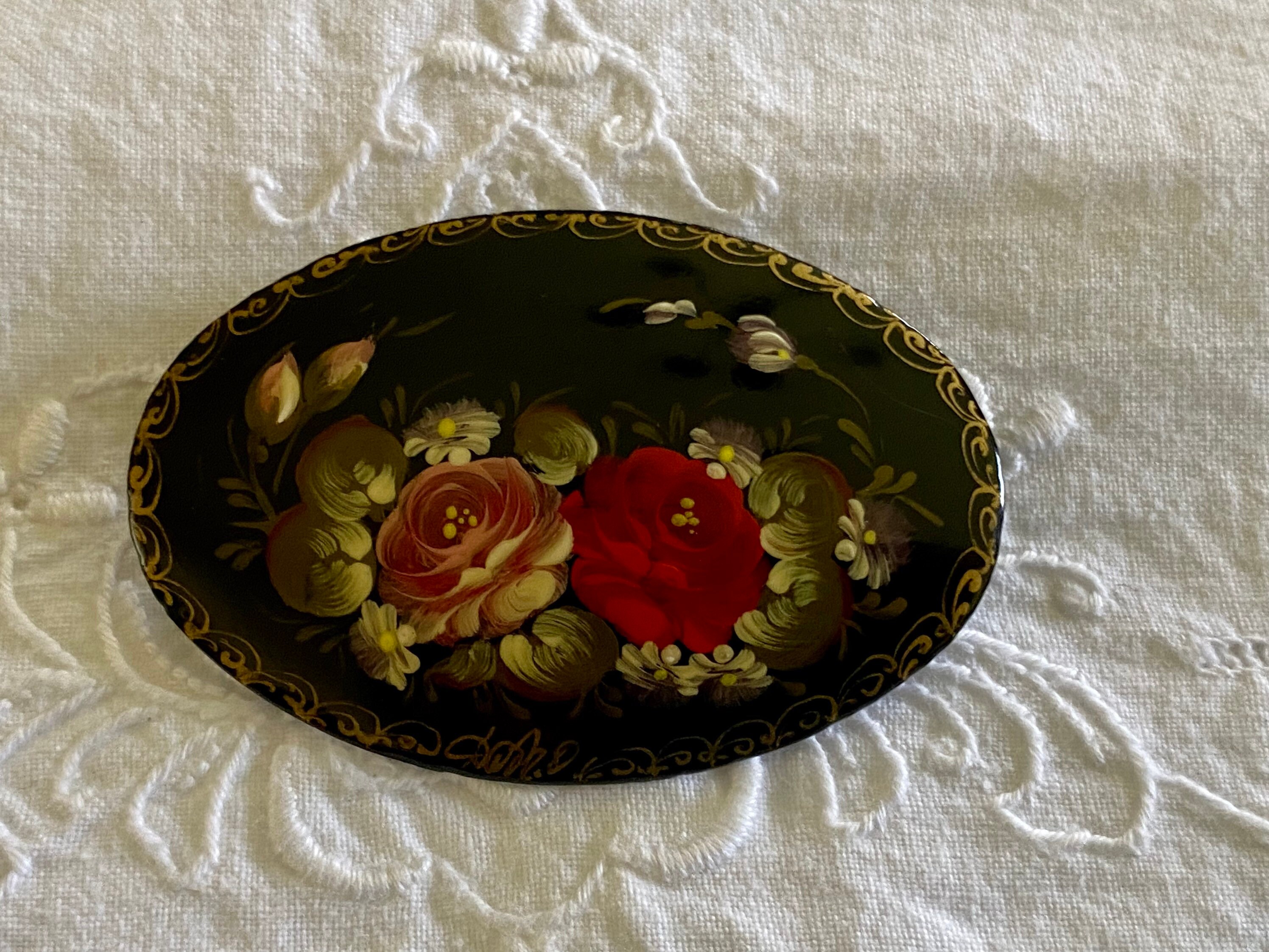 Vintage Hand Painted Floral Brooch, Signed Russian Folk Art - Etsy