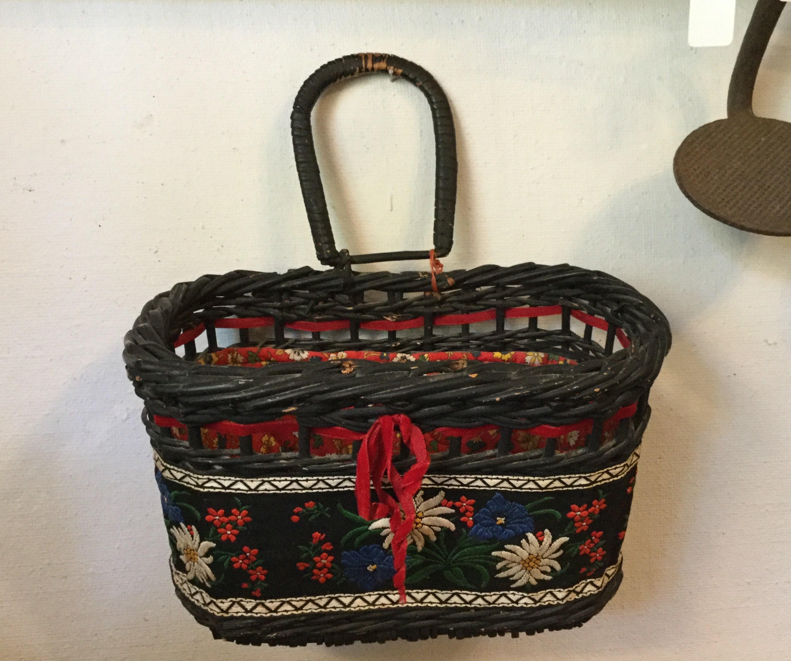 Vintage Wicker Hanging Basket with Tapestry Accent Etsy