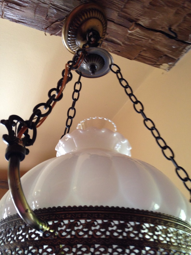 Vintage Brass Hanging Hurricane Lamp With Milk Hlass Shade Etsy