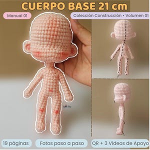 Puede incluir: Una base de muñeco a crochet de color melocotón claro que mide 21 cm de altura. El muñeco presenta una cabeza redondeada, orejas pequeñas y un cuerpo esbelto. La guía incluye 19 páginas, fotos paso a paso, un código QR y 3 videos.