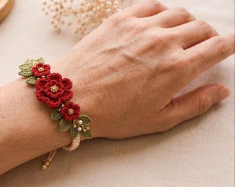 Elegante braccialetto all'uncinetto con fiori - Schema PDF, Gioielli floreali fai da te, Guida al braccialetto all'uncinetto per principianti, Braccialetto floreale