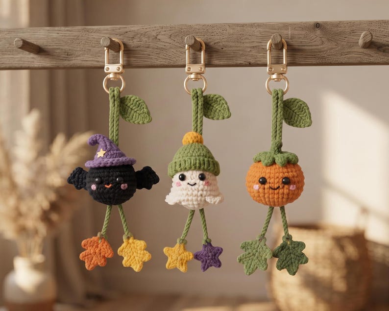 May include: Three crochet keychains hanging from gold-tone clasps. The first is a black bat with a purple witch hat, the second a white ghost in a green beanie, and the third an orange pumpkin. Each features green stems, leaves, and dangling charms.