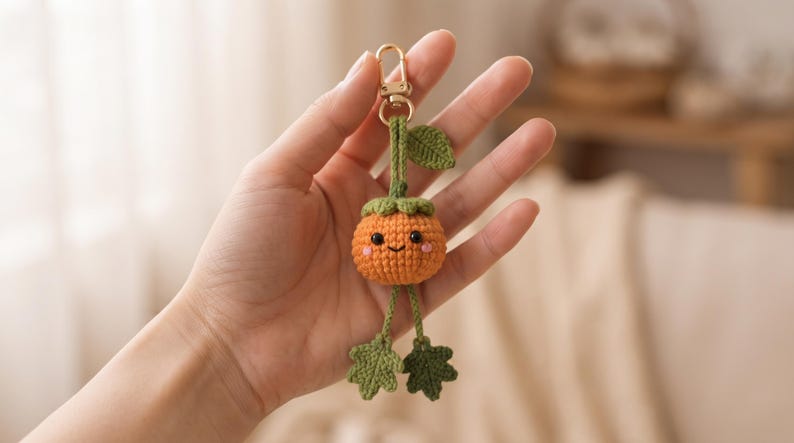 May include: A small, round, orange crocheted pumpkin keychain with a green stem, a single green leaf, and two dangling green legs ending in leaf-shaped feet. The pumpkin features a stitched black smile, two black bead eyes, and pink cheeks.
