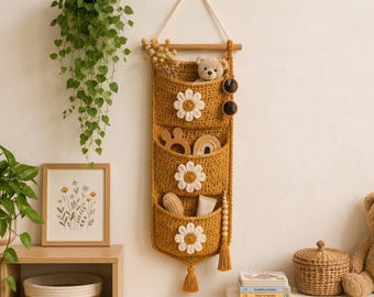 Schema PDF per organizer da parete a forma di girasole all'uncinetto, tasca portaoggetti da appendere, decorazione boho per la casa, organizer per la cameretta, regalo all'uncinetto, schema fai da te facile