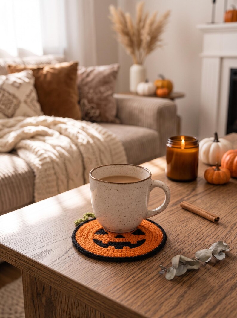 May include: A round, crocheted coaster featuring a jack-o'-lantern face design in orange and black yarn with a small green stem detail. The coaster is placed on a wooden surface and supports a speckled, off-white ceramic mug filled with a light brown beverage.