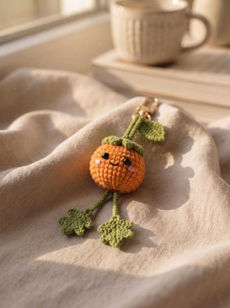 May include: A crocheted orange fruit keychain with a smiling face, black bead eyes, and pink stitched cheeks. The orange has a green stem, a green leaf, and two dangling green legs with leaf-shaped feet, all attached to a gold-toned metal clasp.