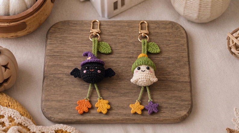 May include: Two handmade crochet keychains featuring a black bat wearing a purple hat and a white ghost wearing a green hat. Both figures have green stems with leaves at the top, gold-tone lobster clasps, and dangling feet shaped like leaves and stars.