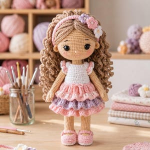 Pode incluir: Boneca de crochê feita à mão, com cabelo encaracolado castanho, vestida com um top branco e uma saia rosa e lilás com babados. A boneca tem uma faixa de cabelo floral rosa e está sobre uma superfície de madeira. Fios e materiais de crochê no fundo.